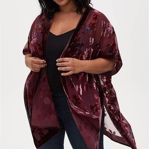 Torrid Floral Velvet Burnout Kimono - 3x/4x, burgundy & purple